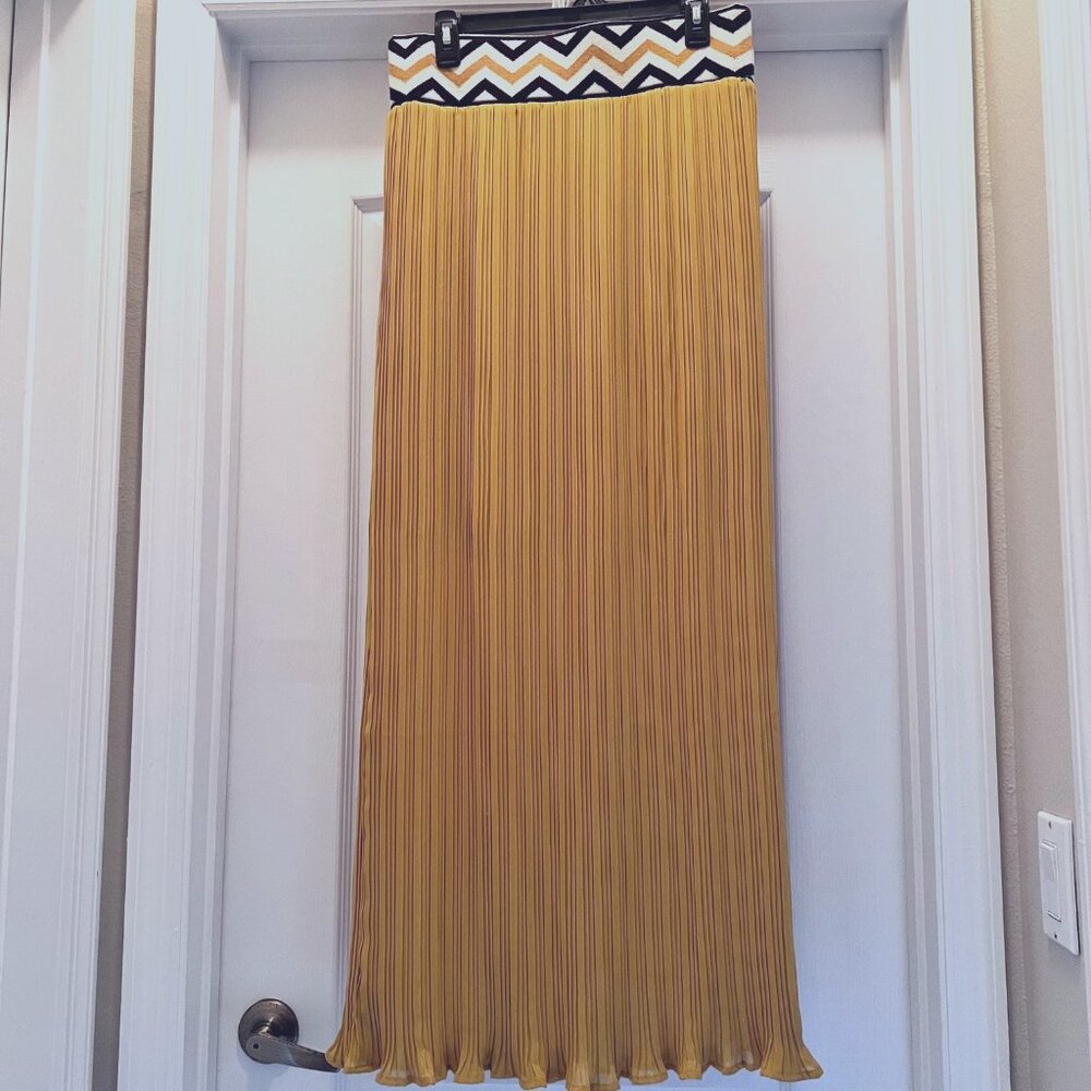 Anthropologie Lucy & Laurel Patola Micro Pleated Maxi Skirt-Tribal Print-Gold/Bl